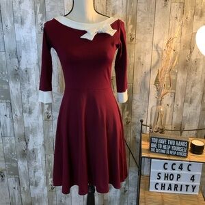Women’s Burgundy Fit-and-Flare Dress with Ivory Trim